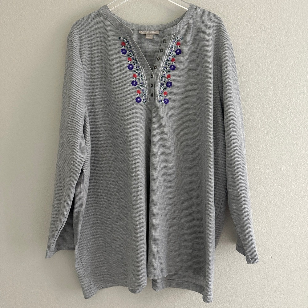 Woman Within Henley Top Women 4X Gray Floral Embroidered Waffle Knit Long Sleeve